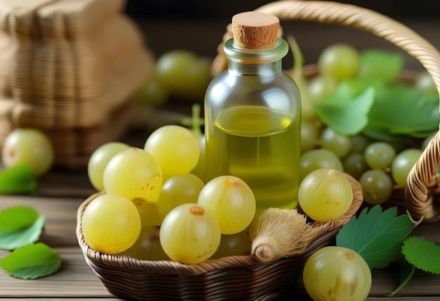 A bottle of Indian gooseberry essence with a basket of raw amla in the background