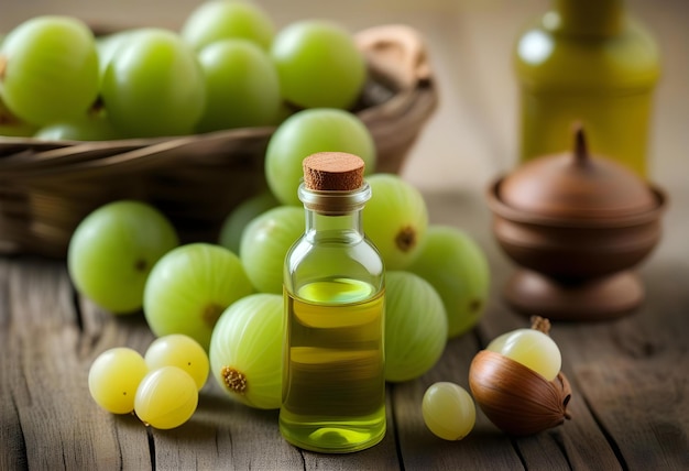 A bottle of Indian gooseberry essence with a basket of raw amla in the background