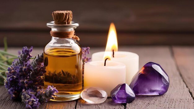 Photo a bottle of lavender essential oil is surrounded by fresh lavender sprigs lit candles and amethyst