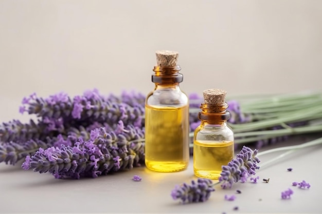 A bottle of lavender essential oil next to a lavender flower.