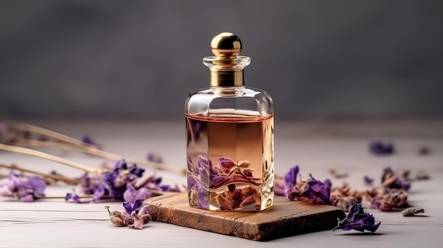 A bottle of lavender perfume sits on a wooden surface with a purple flower on the side