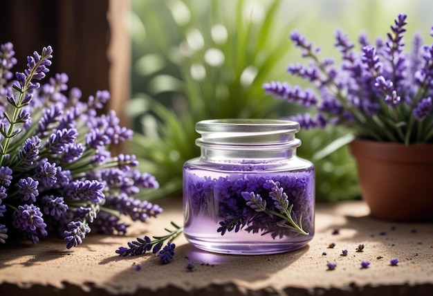 a bottle of lavender with a glass jar of lavender