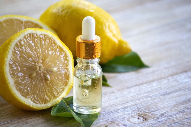 A bottle of lemon essential oil is an alternative medicine.