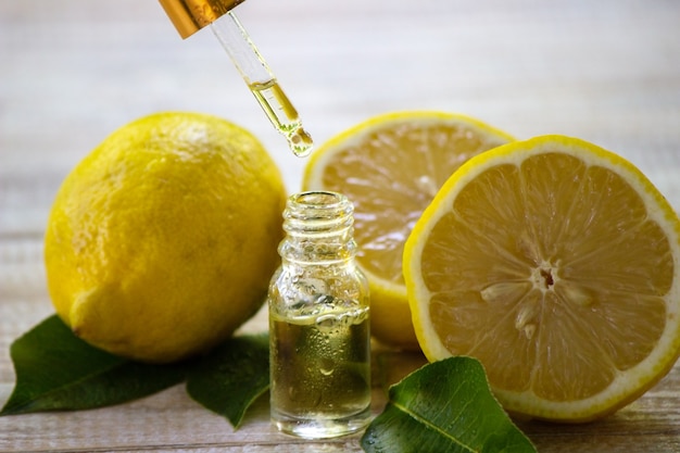 A bottle of lemon essential oil is an alternative medicine.