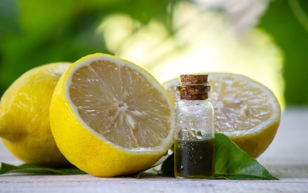 A bottle of lemon essential oil is an alternative medicine.