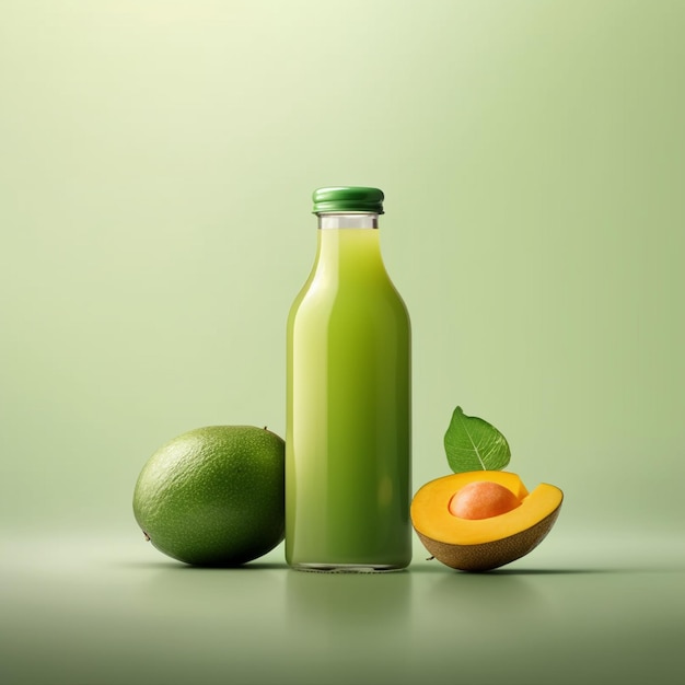 a bottle of lime juice and a lime on a table.