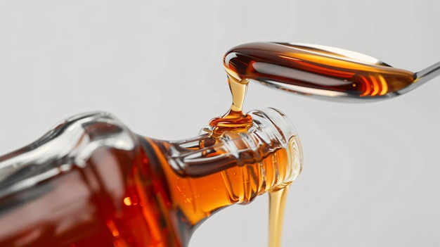 Photo a bottle of liquid being poured into a glass container