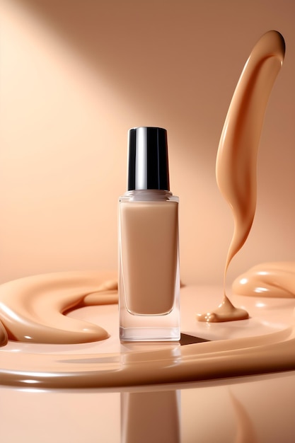 A bottle of liquid foundation with a black cap on the top.