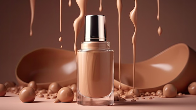 A bottle of liquid foundation with a brown background with a gold drip.