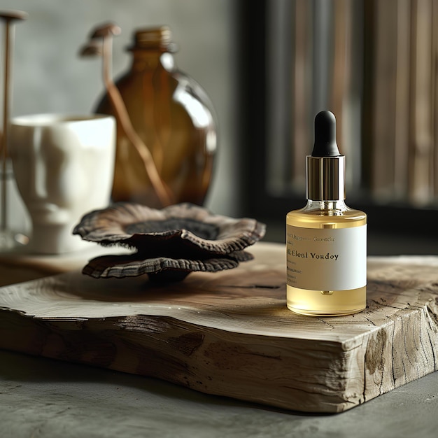 A bottle of liquid sitting on a wooden table next to a vase and a spoon on a table top product