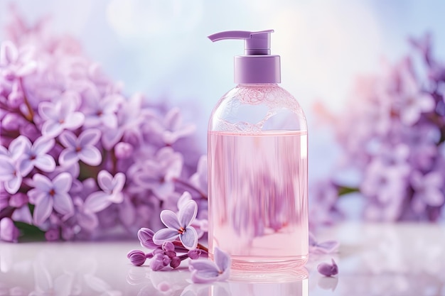 Bottle of liquid soap with serum cosmetic gel bast wisp and lilac flowers