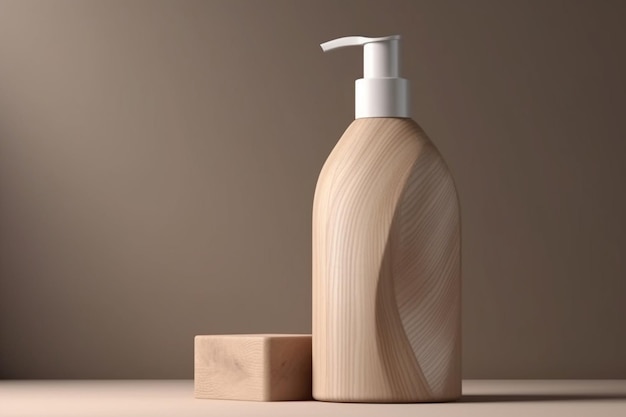 A bottle of liquid soap with a wooden base and a wooden box.