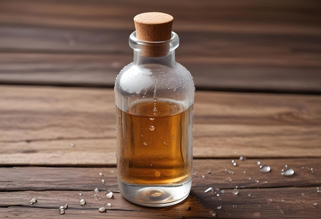 a bottle of liquid with a bottle of olive oil on a wooden table