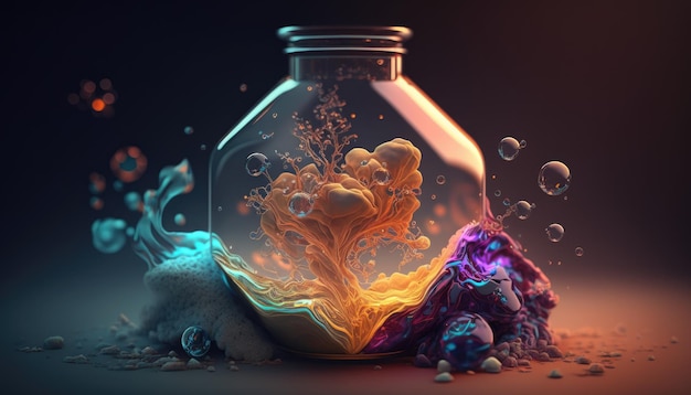 A bottle of liquid with a colorful liquid inside.