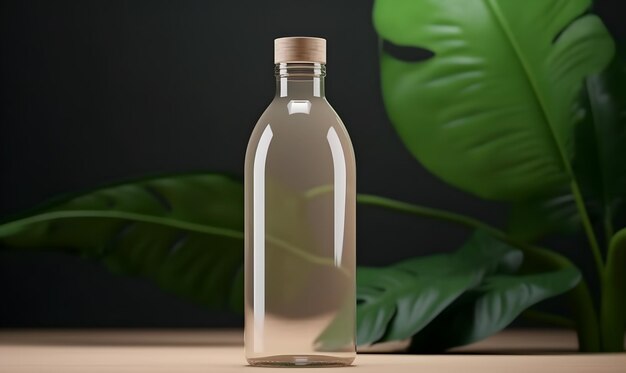 A bottle of liquid with a green leaf behind it.