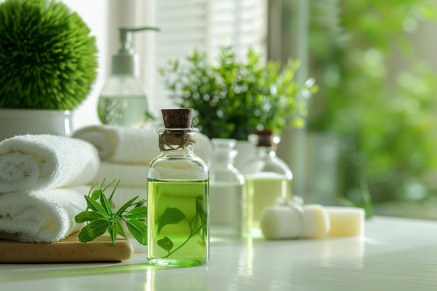 a bottle of liquid with green liquid next to towels and plants