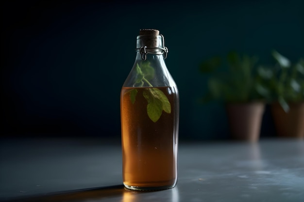 Photo a bottle of liquid with a leafy green plant inside of it.