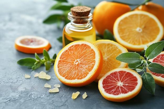 Photo a bottle of liquid with oranges and a bottle of olive oil