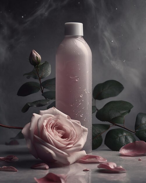 A bottle of liquid with a rose on the side.