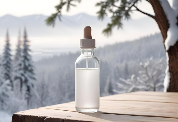 a bottle of liquid with a tree in the background