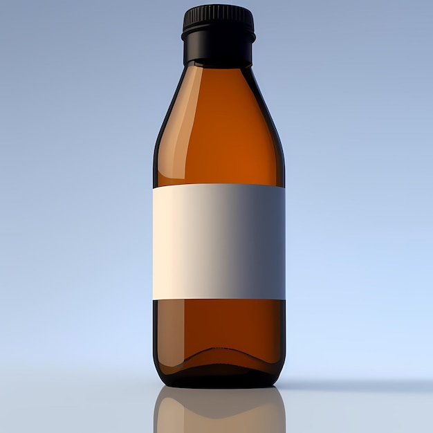 A bottle of liquid with a white label on it sitting on a table top with a blue background AI