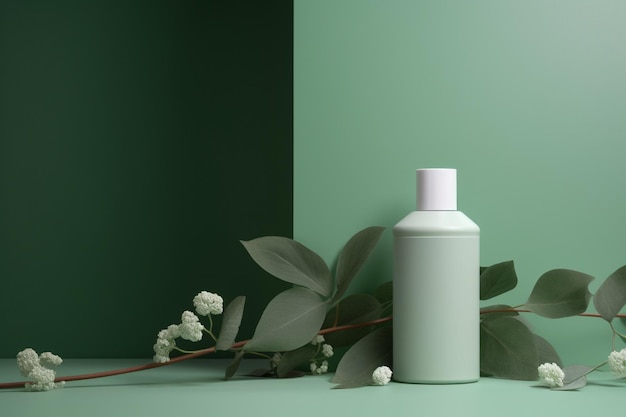 A bottle of lotion sits next to a green wall.