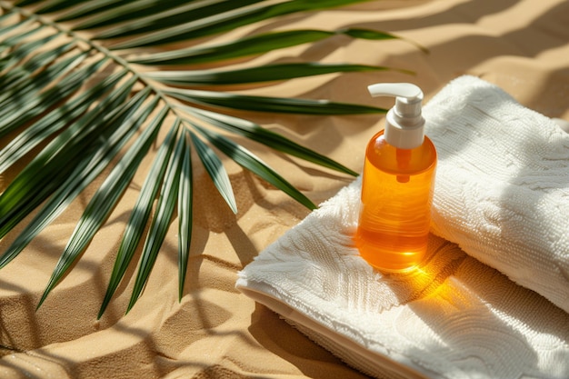 A bottle of lotion sits on a towel on a sandy beach