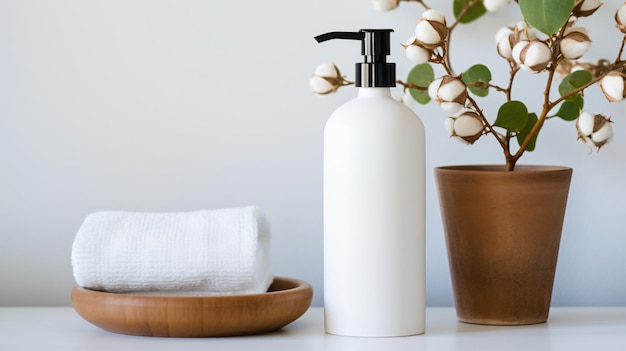 Bottle of lotion next to soap dispenser and cotton