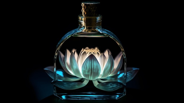 A bottle of lotus perfume with a black background.