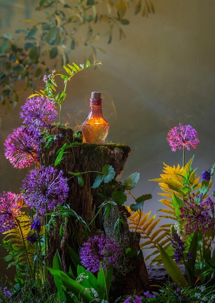 Bottle of magic potions in magical forest