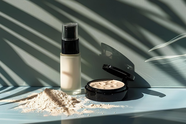 A bottle of makeup sitting next to a pile of powder