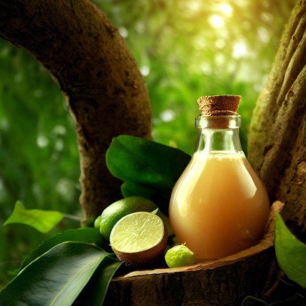 A bottle of mango juice sits in a tree with a green background and the word mango on the bottle.