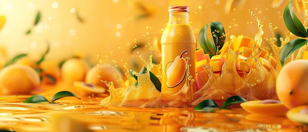 A bottle of mango juice with splashes and a logo featured in this horizontal banner featuring 3D realistic mango juice advertising Generative AI