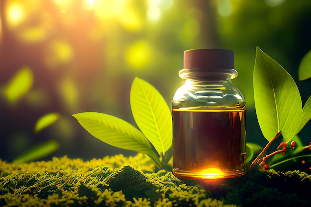 A bottle of maple syrup sits on a mossy surface with a green leaf in the background.