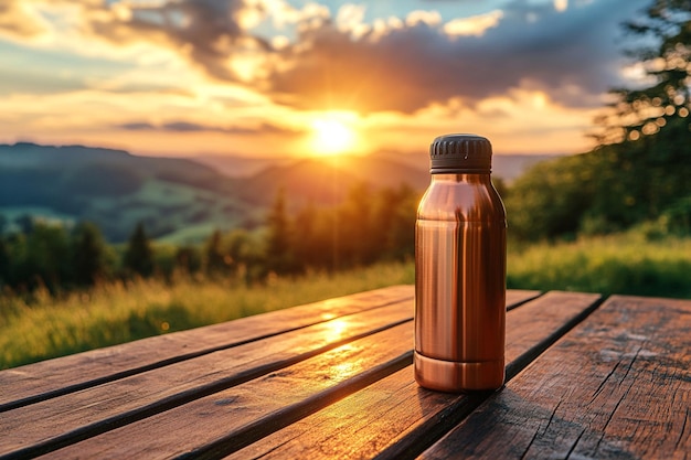 a bottle of medicine sits on a picnic table at sunset