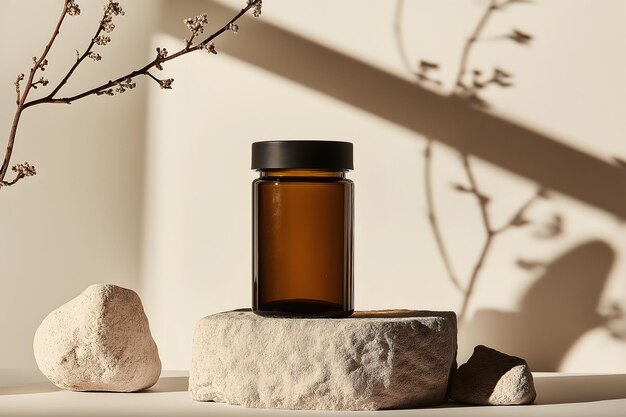 Photo a bottle of medicine sits on a table with a plant in the background