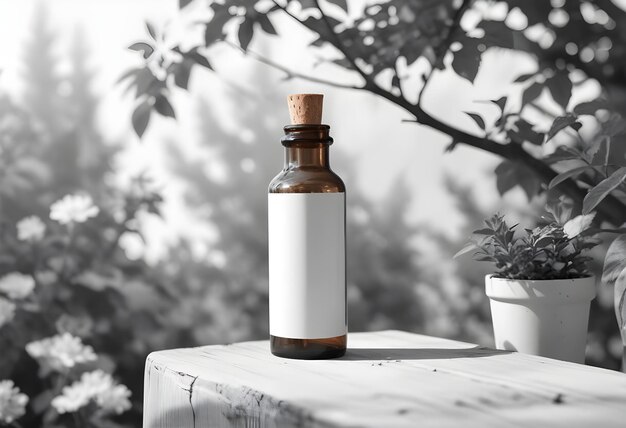 a bottle of medicine sits on a table with a plant in the background