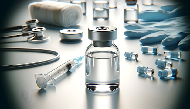 a bottle of medicine sits on a table with a syringe in the middle