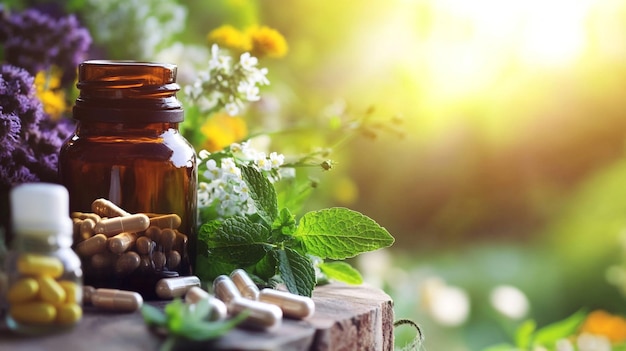 a bottle of medicine with flowers in the background