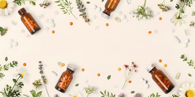 a bottle of medicine with flowers and leaves on a white background