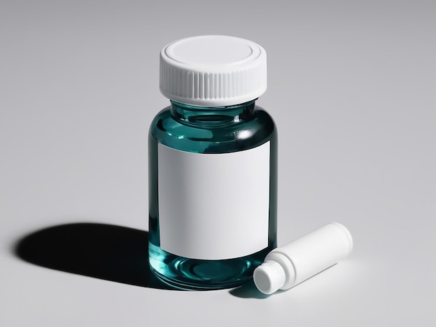 A bottle of medicine with a white cap on it and a white cap