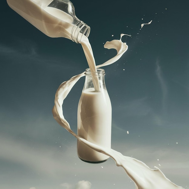 a bottle of milk being poured into a glass