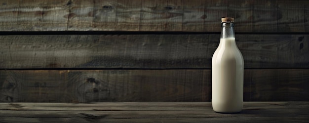 Bottle of milk on a dark wooden background with shadows enhancing the contrast between the creamy