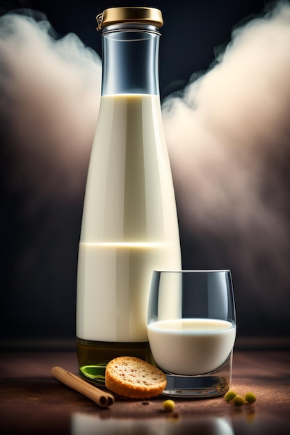 A bottle of milk and a glass of milk sit on a table.