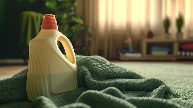 a bottle of milk sits on a green towel