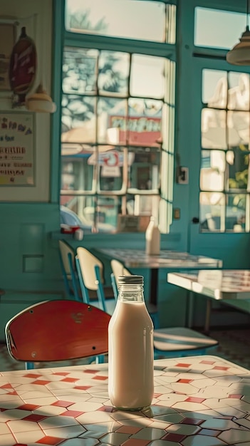 a bottle of milk sits on a table in front of a sign that says milk