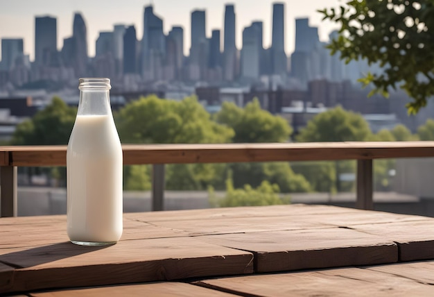 Photo a bottle of milk sits on a table outside