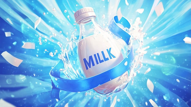 Photo a bottle of milk with a blue ribbon around the top