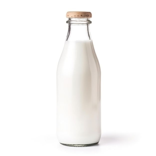 A bottle of milk with a corked cap sits on a white background.