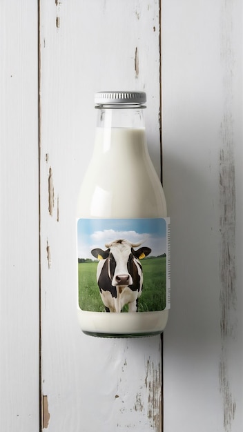 Photo bottle of milk on a wooden white background flat lay